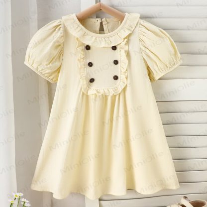 幼児用女の子向けコットン製フリル襟パフスリーブ無地Dress - ベージュ - 6～7歳 - image 3
