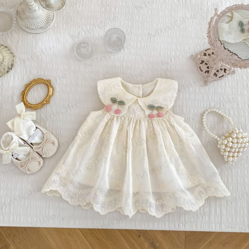 幼児用女の子向けレース花柄チェリー柄ピーターパンカラーノースリーブDress - ベージュ - 6～7歳 - image 1