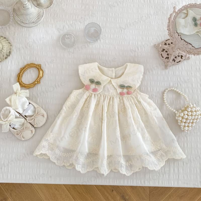 幼児用女の子向けレース花柄チェリー柄ピーターパンカラーノースリーブDress - ベージュ - 6～7歳 - image 1