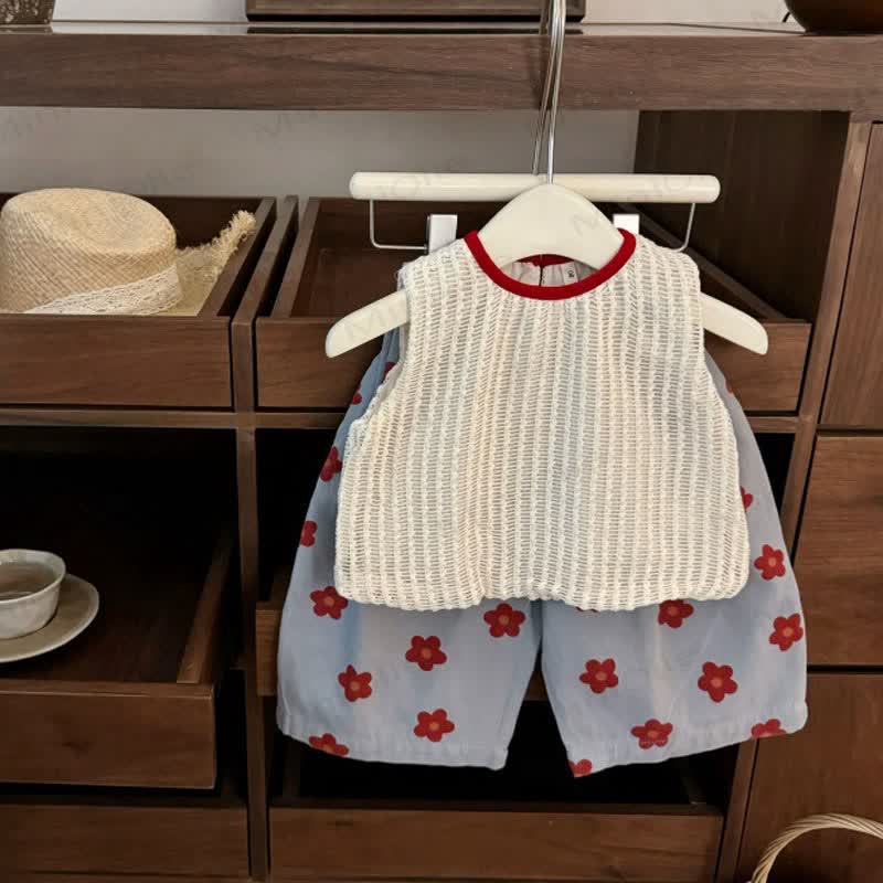 幼児用女の子向けかぎ針編み花柄ベスト＆パンツセット - トップスとショートパンツのセット - 6～7歳 - image 1