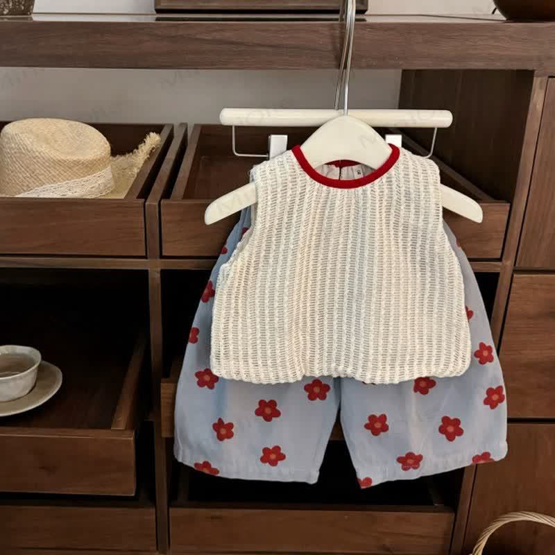 幼児用女の子向けかぎ針編み花柄ベスト＆パンツセット - トップスとショートパンツのセット - 6～7歳 - image 1