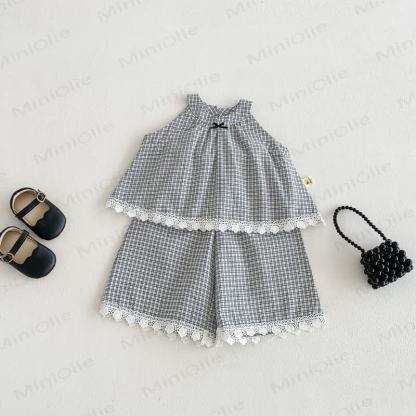 ベビーギンガムレーストリムリボンタンクトップ＆パンツセット - グレー - 3～4歳 - image 1