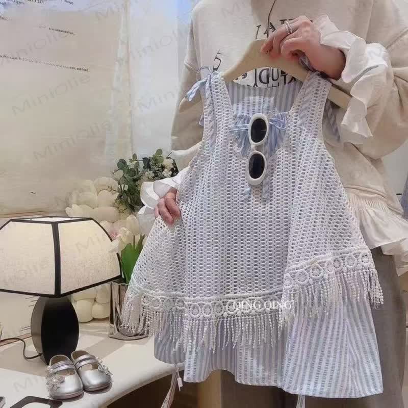 幼児用女の子向けボヘミアン風クロシェ編みレイヤードストライプノースリーブDress - 白 - 8-9T - image 1