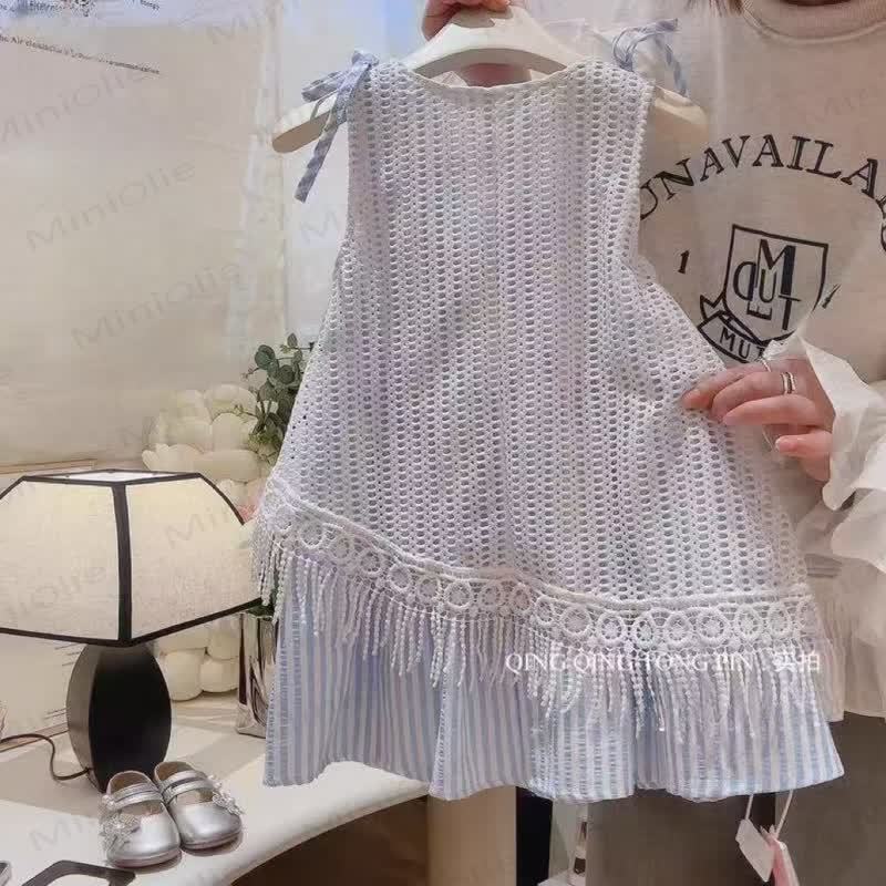 幼児用女の子向けボヘミアン風クロシェ編みレイヤードストライプノースリーブDress - image 2