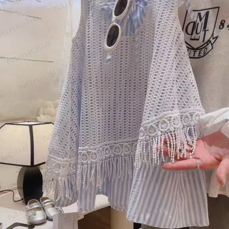 幼児用女の子向けボヘミアン風クロシェ編みレイヤードストライプノースリーブDress - image 3