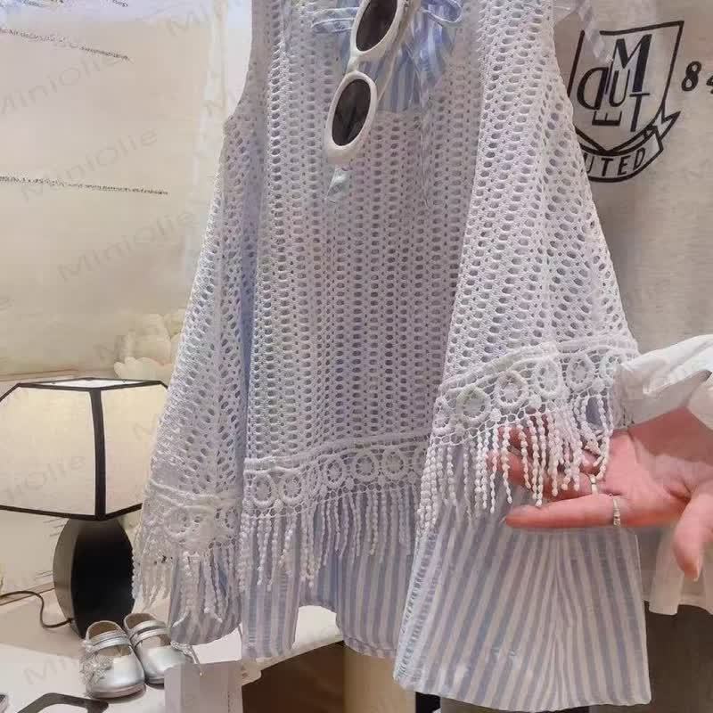 幼児用女の子向けボヘミアン風クロシェ編みレイヤードストライプノースリーブDress - image 3