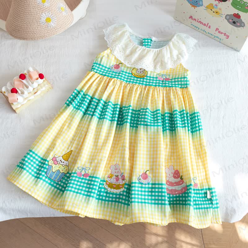 幼児用女の子向けケーキ柄チェックレース襟Dress - 黄色 - 8-9T - image 1