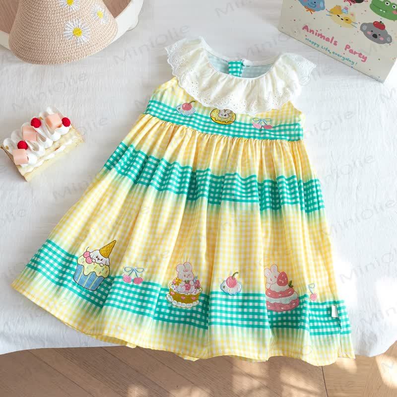 幼児用女の子向けケーキ柄チェックレース襟Dress - 黄色 - 8-9T - image 1