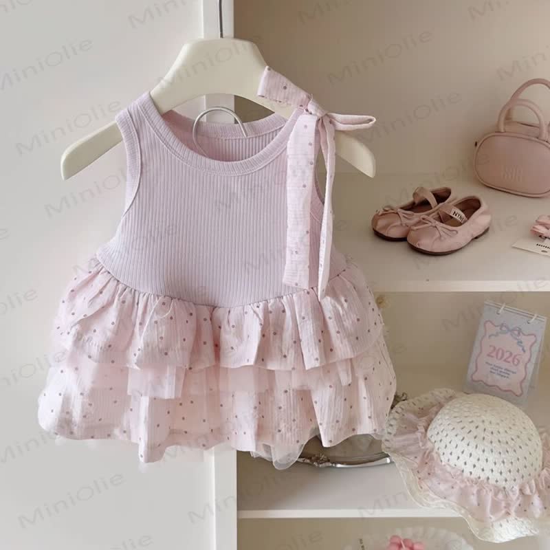 幼児用女の子向け水玉模様の段々チュールノースリーブDress - ピンク - 6～7歳 - image 1