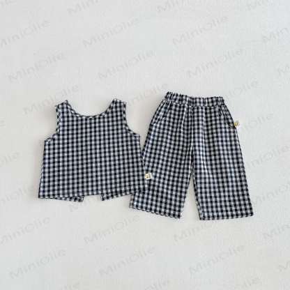 ベビーガールズ用コットンギンガムチェックタンクトップ＆パンツ2点セット - グレー - 3～4歳 - image 2