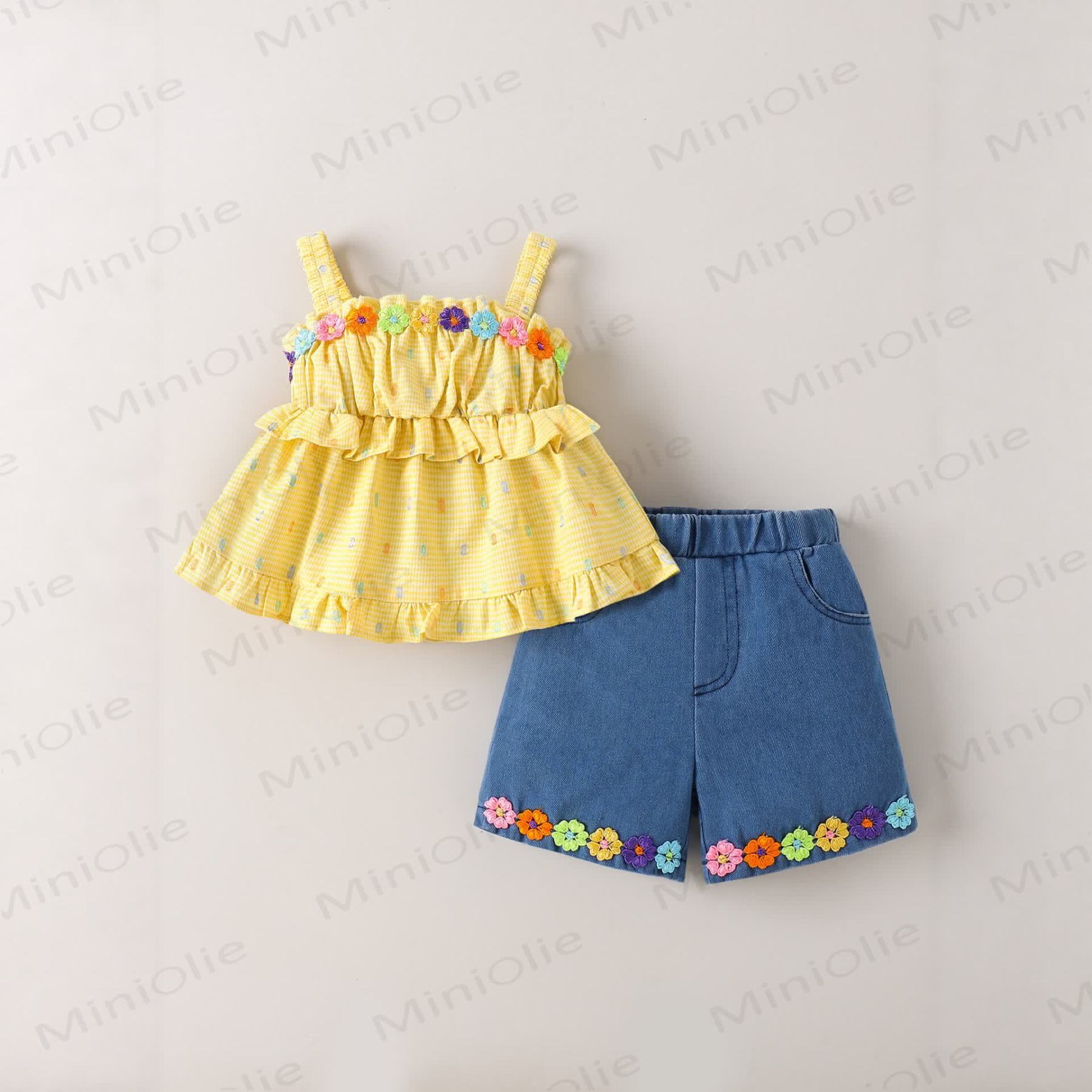 幼児用女の子向け花柄フリルタンクトップとデニムショートパンツのセット - 黄色 - 8-9T - image 1
