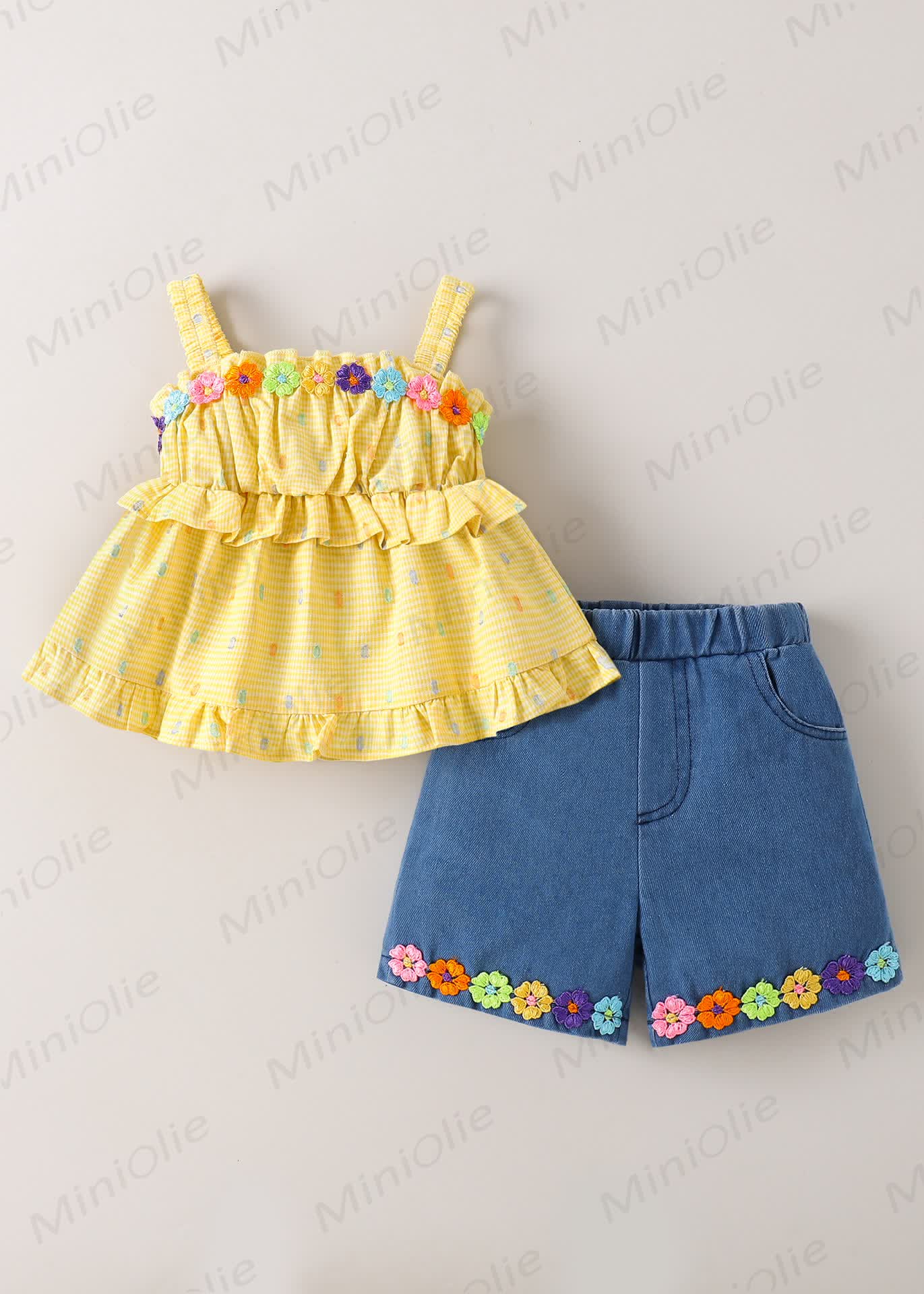 幼児用女の子向け花柄フリルタンクトップとデニムショートパンツのセット - image 2