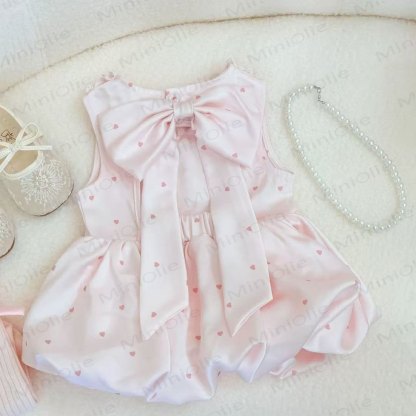 幼児用女の子向けハートドット柄リボン付きノースリーブDress - ピンク - 6～7歳 - image 1