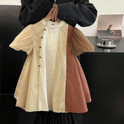 幼児用女の子向けコットンパッチワークパフスリーブDress - ベージュ - 8-9T - image 1