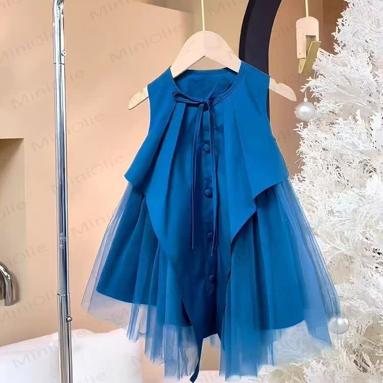 幼児・キッズ ガールズ リボン付き 無地 チュール ノースリーブDress - 青 - 12～13歳 - image 1