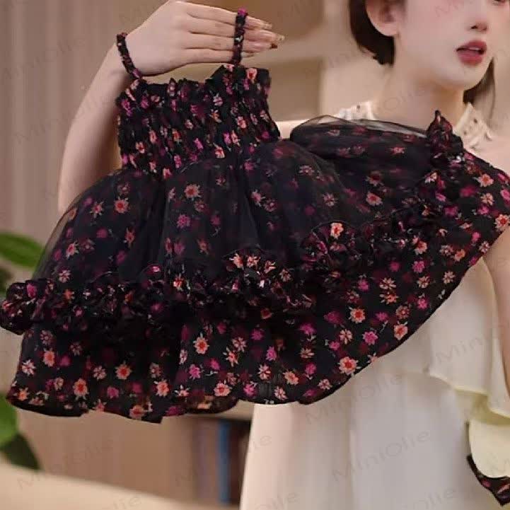 幼児用女の子向け花柄チュールフリルノースリーブDress（帽子付き） - 黒いDress - 8-9T - image 1