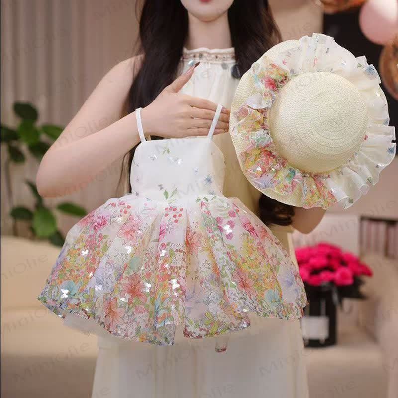 幼児用女の子向け花柄チュールノースリーブDress（帽子付き） - ベージュのDress - 6～7歳 - image 1