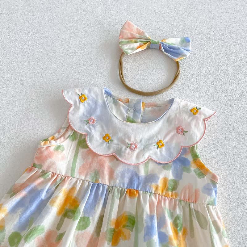 ベビーガール用 花柄刺繍入り襟付きノースリーブロンパース（ヘッドバンド付き） - image 4