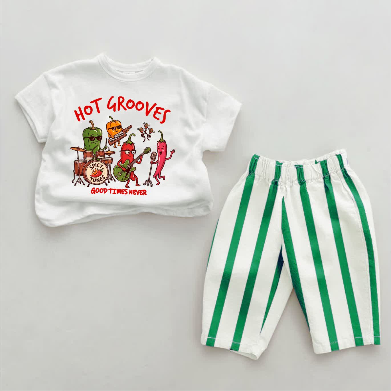 RED HOT SILL PEPPER GOOD TIMES NEVERベビーペッパープリント グリーンストライプ 2点セット - 緑と白 - 2～3歳 - image 1