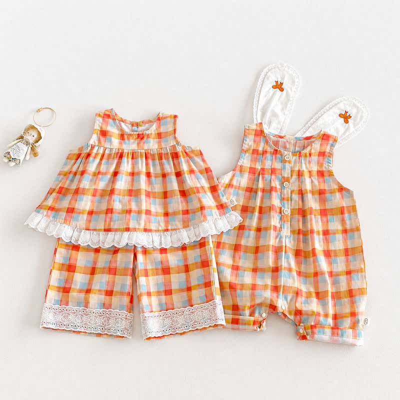 ベビー・幼児用女の子向けオレンジチェック柄レーストリムサマーノースリーブロンパース/トップス＆パンツ2点セット - image 1