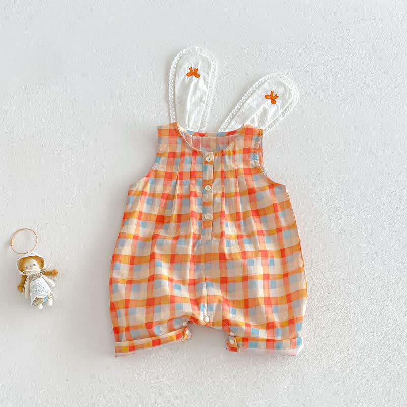 ベビー・幼児用女の子向けオレンジチェック柄レーストリムサマーノースリーブロンパース/トップス＆パンツ2点セット - オレンジ色のロンパース - 2～3歳 - image 3