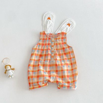 ベビー・幼児用女の子向けオレンジチェック柄レーストリムサマーノースリーブロンパース/トップス＆パンツ2点セット - オレンジ色のロンパース - 2～3歳 - image 3