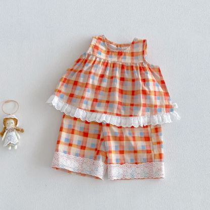 ベビー・幼児用女の子向けオレンジチェック柄レーストリムサマーノースリーブロンパース/トップス＆パンツ2点セット - オレンジセット - 4～5歳 - image 5