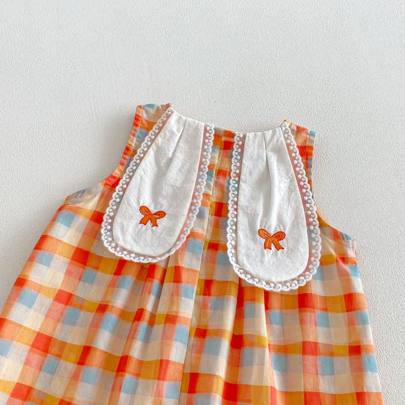 ベビー・幼児用女の子向けオレンジチェック柄レーストリムサマーノースリーブロンパース/トップス＆パンツ2点セット - image 4