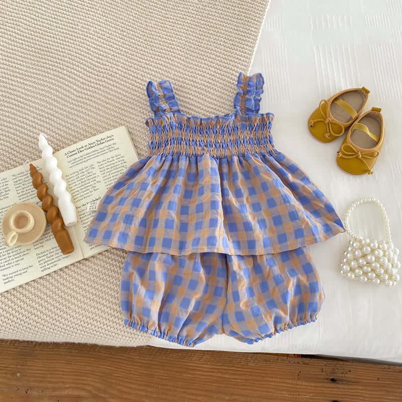 ベビーガール用パープルチェック柄ストラップDress＆ショートパンツ2点セット - 紫 - 2～3歳 - image 1