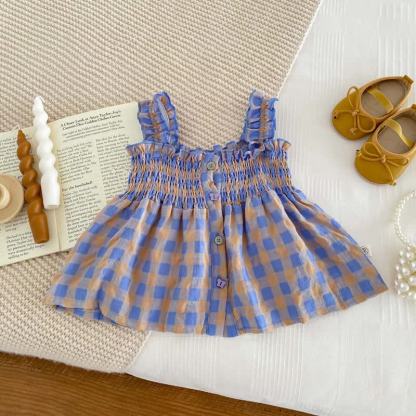 ベビーガール用パープルチェック柄ストラップDress＆ショートパンツ2点セット - image 3