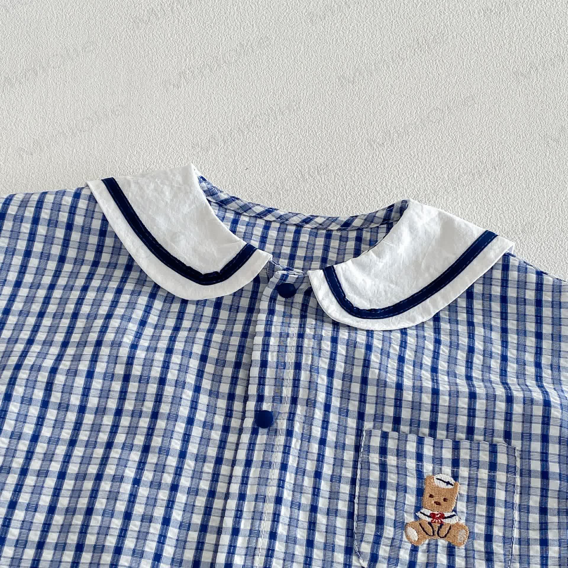 男の子用、クマ柄ブルーチェック柄サマーノースリーブロンパース - image 3