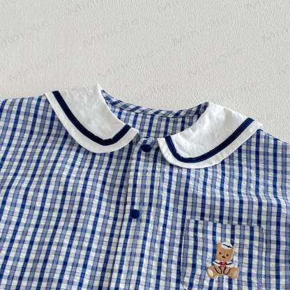 男の子用、クマ柄ブルーチェック柄サマーノースリーブロンパース - image 3