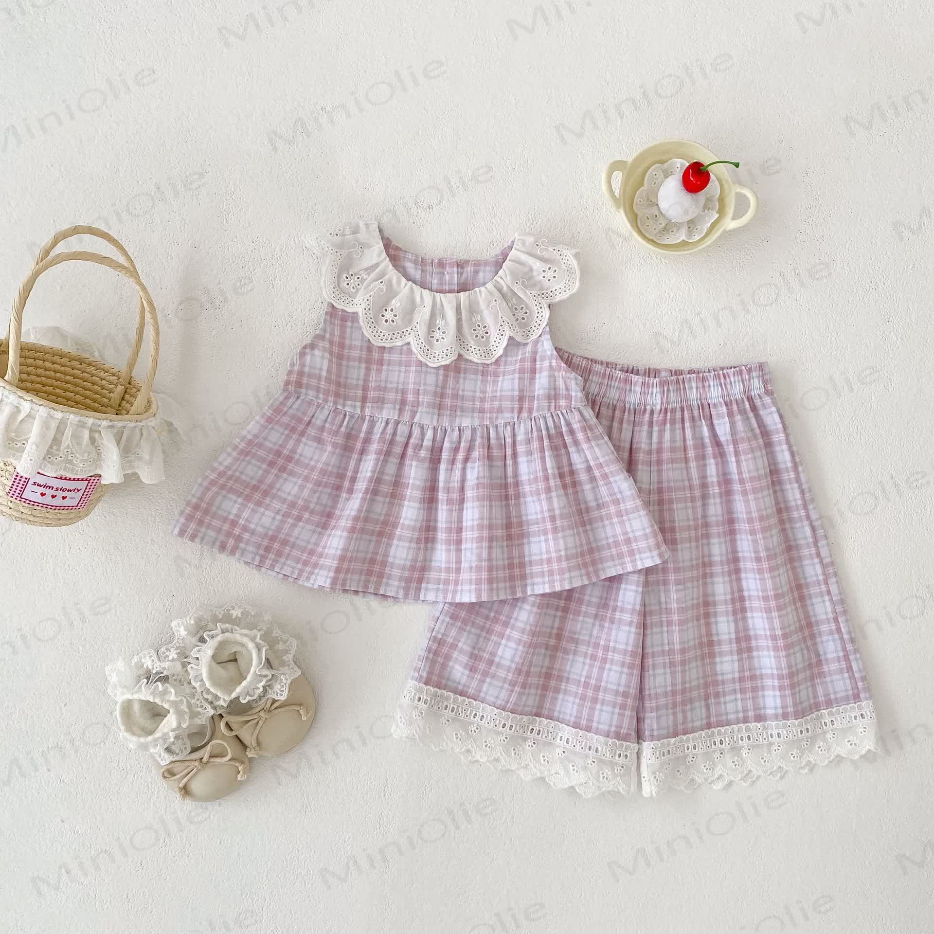 ベビー・幼児用女の子向けチェック柄ノースリーブトップス＆ショートパンツセット - 紫 - 4～5歳 - image 3