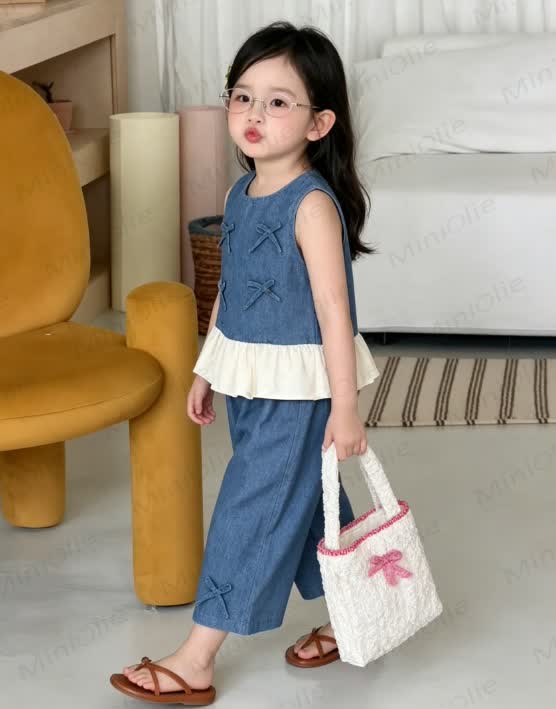幼児用女の子デニムリボン付きノースリーブセット - image 3