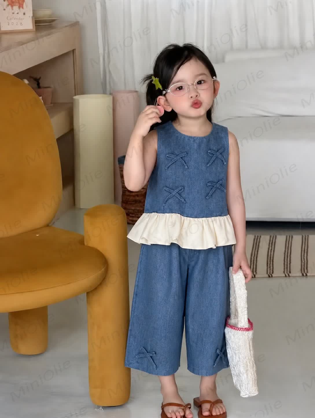 幼児用女の子デニムリボン付きノースリーブセット - image 2