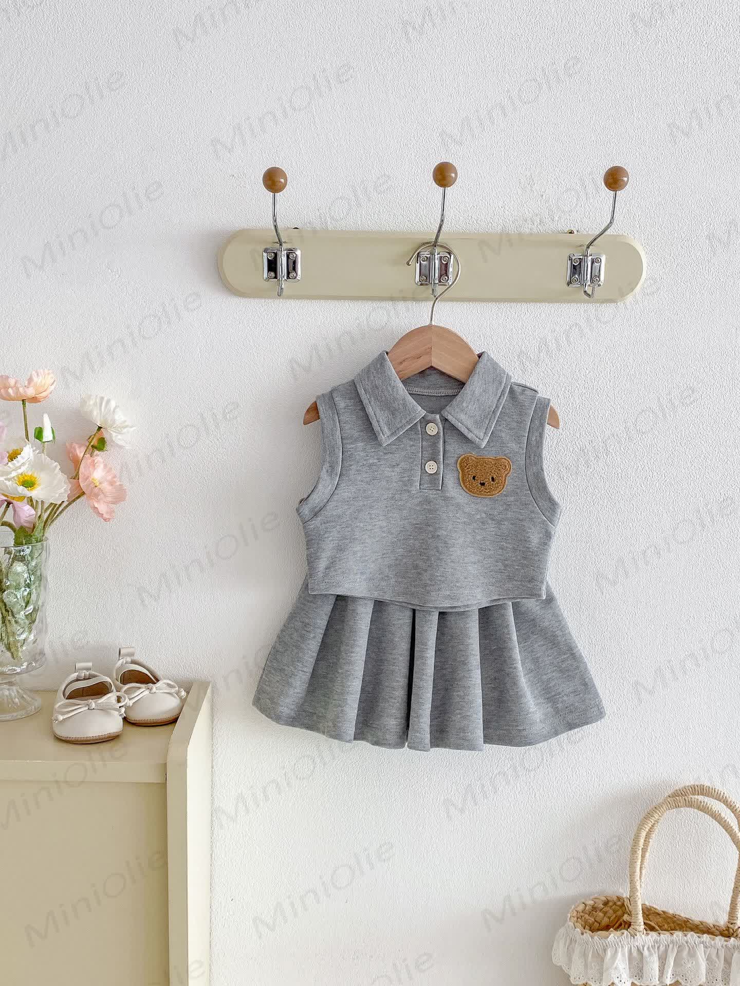 ベビー・幼児用女の子用ポロカラーノースリーブトップス＆スカートセット - グレー - 3～4歳 - image 2