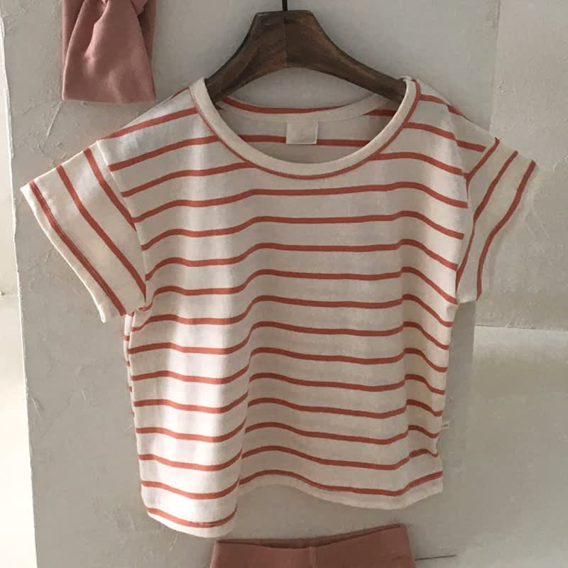 ベビーストライプ/無地クルーネックTシャツ - レッドストライプ - 2～3歳 - image 2