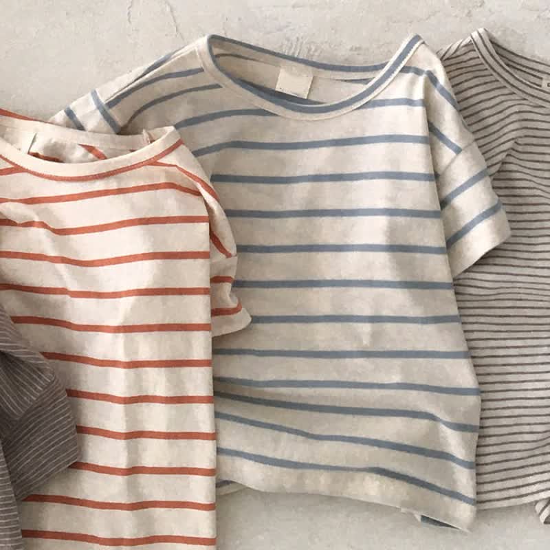 ベビーストライプ/無地クルーネックTシャツ - ブルーストライプ - 2～3歳 - image 3
