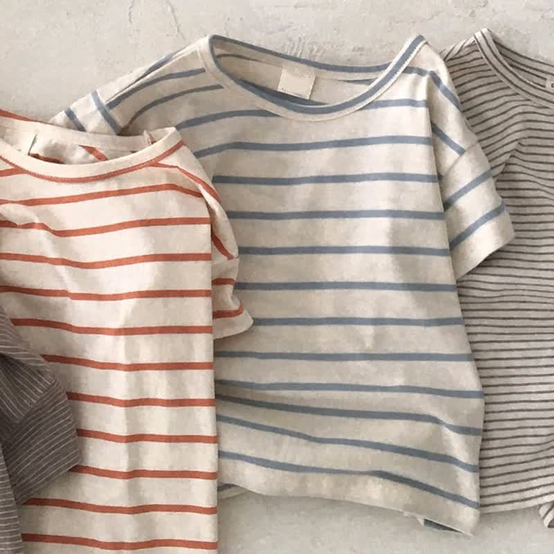ベビーストライプ/無地クルーネックTシャツ - ブルーストライプ - 2～3歳 - image 3
