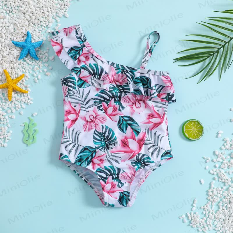 ベビーガールズ用トロピカルフリルワンショルダー水着 - 白 - 6～7歳 - image 1