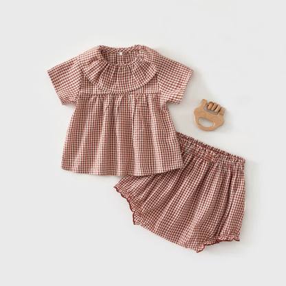 ベビーガール用ギンガムチェック柄フリル襟Tシャツ＆ショートパンツ2点セット（帽子付き） - 茶色 - 2～3歳 - image 2