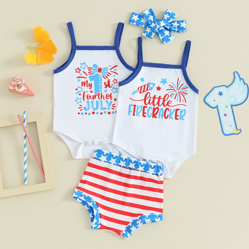 MY 1ST FOURTH OF JULY/LITTLE FIRECRACKERベビーストラップボディスーツとストライプショーツの2点セット（ヘッドバンド付き） - image 1