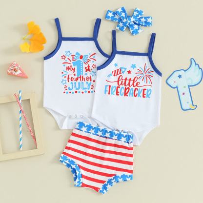 MY 1ST FOURTH OF JULY/LITTLE FIRECRACKERベビーストラップボディスーツとストライプショーツの2点セット（ヘッドバンド付き） - image 1
