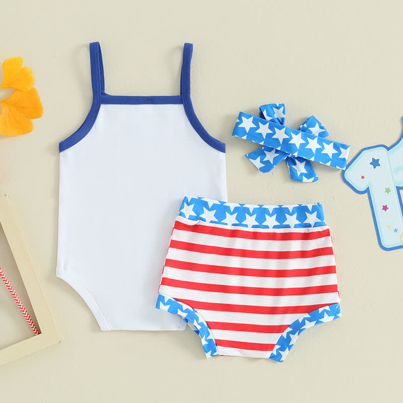 MY 1ST FOURTH OF JULY/LITTLE FIRECRACKERベビーストラップボディスーツとストライプショーツの2点セット（ヘッドバンド付き） - image 4