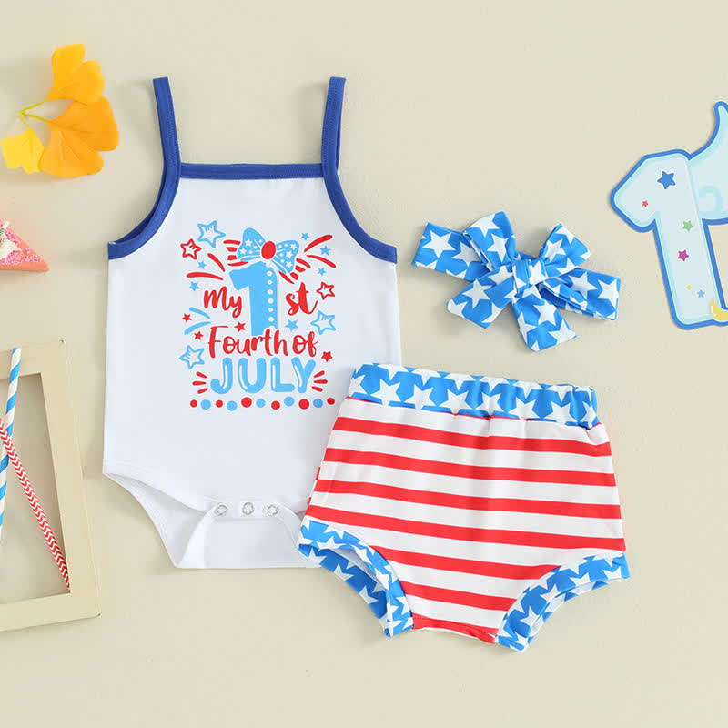MY 1ST FOURTH OF JULY/LITTLE FIRECRACKERベビーストラップボディスーツとストライプショーツの2点セット（ヘッドバンド付き） - MY初めての7月4日 - 12～18ヶ月 - image 2