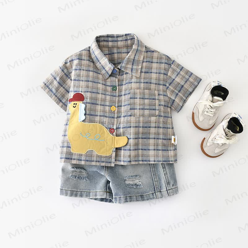 幼児男の子用恐竜パッチ付きチェックシャツまたはデニムショートパンツ - image 1