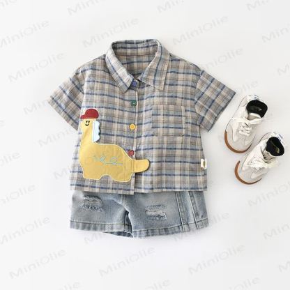幼児男の子用恐竜パッチ付きチェックシャツまたはデニムショートパンツ - image 1