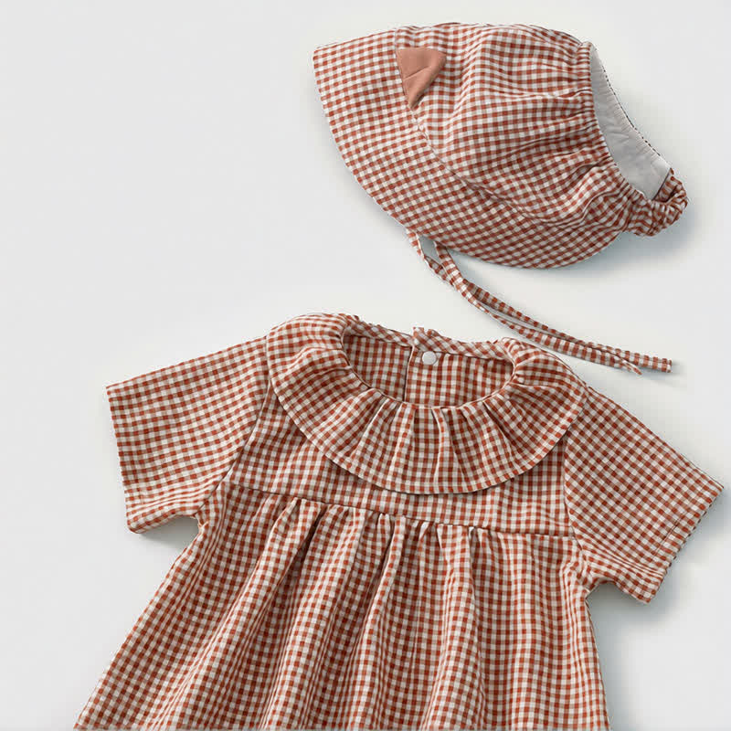 ベビーガール用ギンガムチェック柄フリル襟Tシャツ＆ショートパンツ2点セット（帽子付き） - image 1