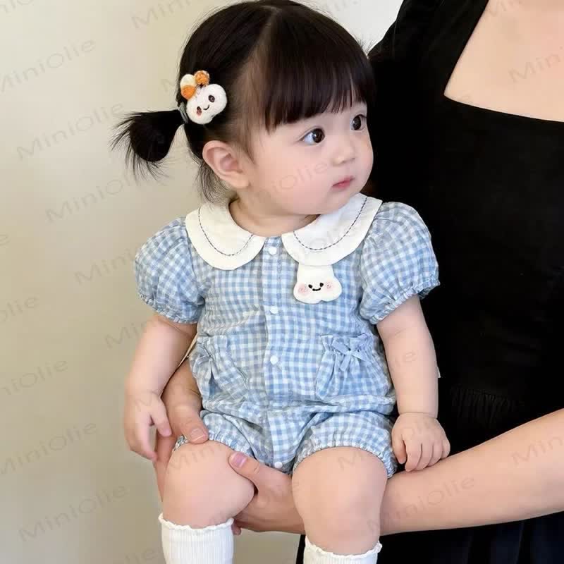 ベビーガールズ ピーターパンカラー うさぎ柄ギンガムチェックロンパース - image 3