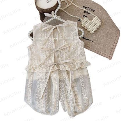 幼児用女の子向けレースリボン付きタンクトップとパンツのツーピースセット - image 3